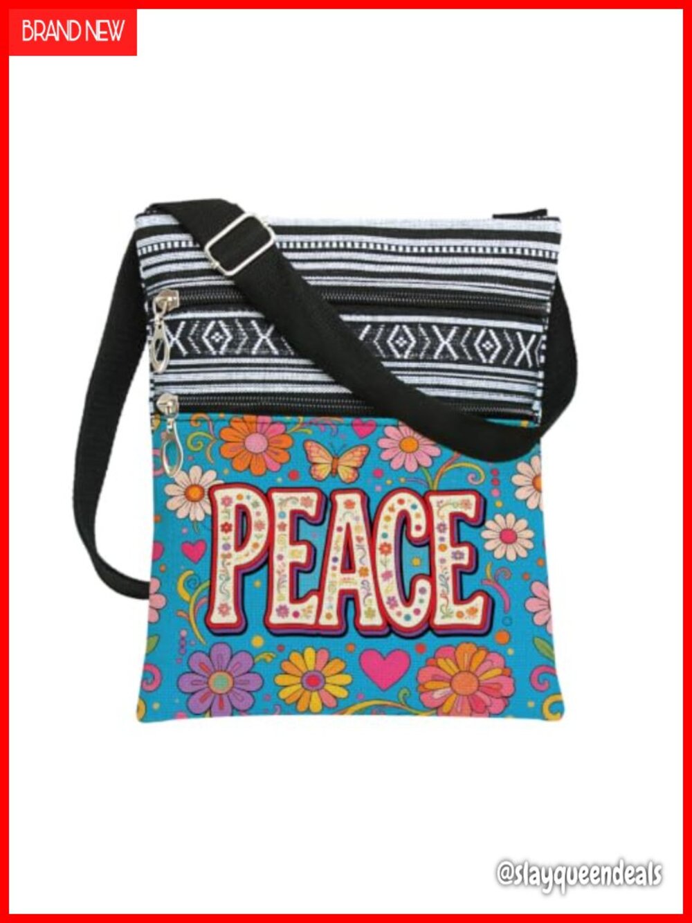 Boho Crossbody Bag Peace Print Adjustable Strap Polyester Small
